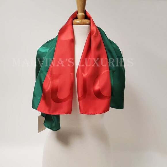 GUCCI SCARF GREEN RED WEB GG LOGO PRINT JACQUARD SILK TWILL FOULARD 35" - Picture 7 of 15